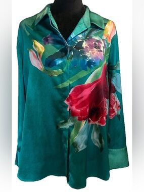 Chico's SZ 3 Green Floral Watercolor Satin Long Sleeve Blouse